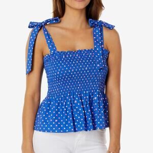 New Lilly Pulitzer Rivera Smocked Top Borealis Blue Lily Squared Pink Women sz S